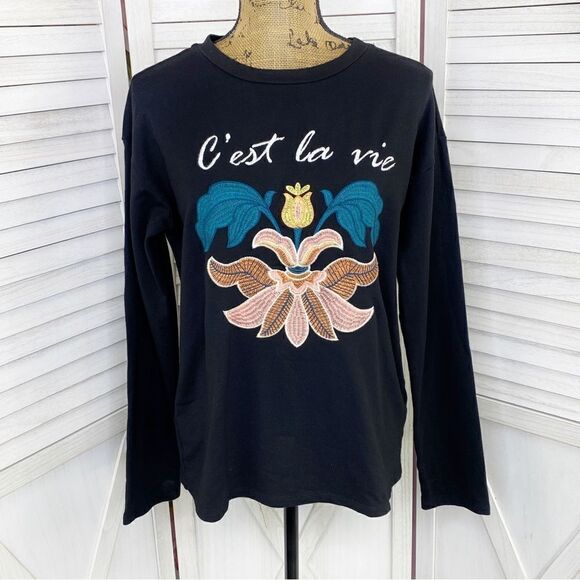 Forever 21 Embroidered Fluer-De-Lis Sweatshirt Top Black Small - Picture 1 of 12